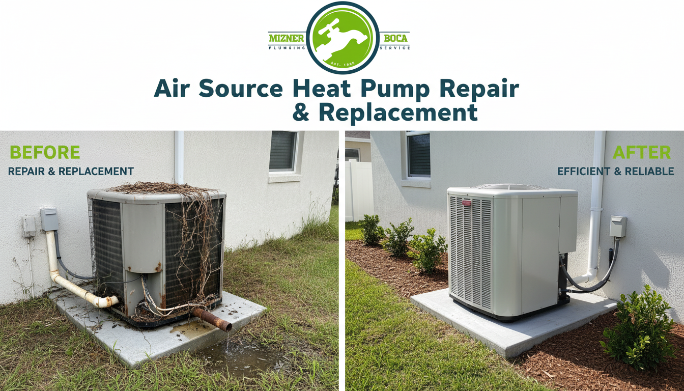 Before and After Air Source Heat Pump Repair and Replacement in Boca Raton FL by Mizner Boca Plumbing