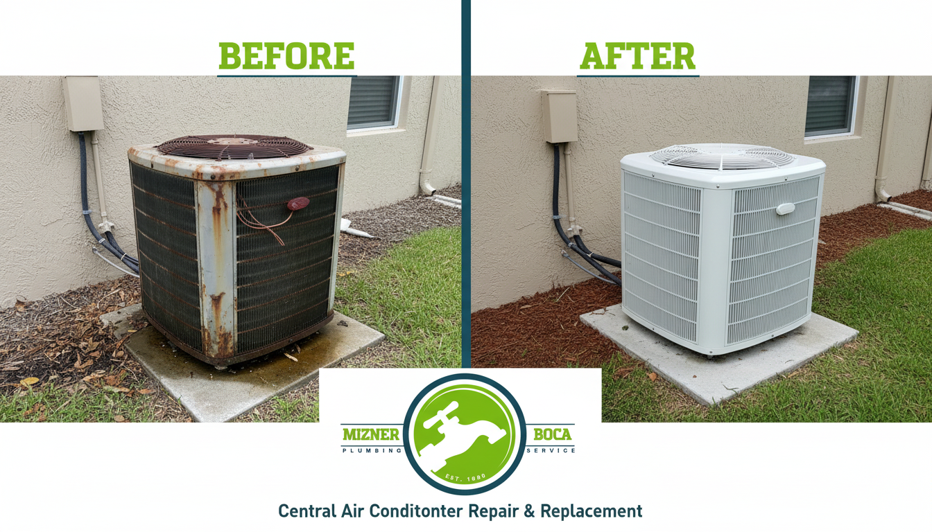 Before and After Central Air Conditioner Repair and Replacement in Boca Raton FL by Mizner Boca Plumbing