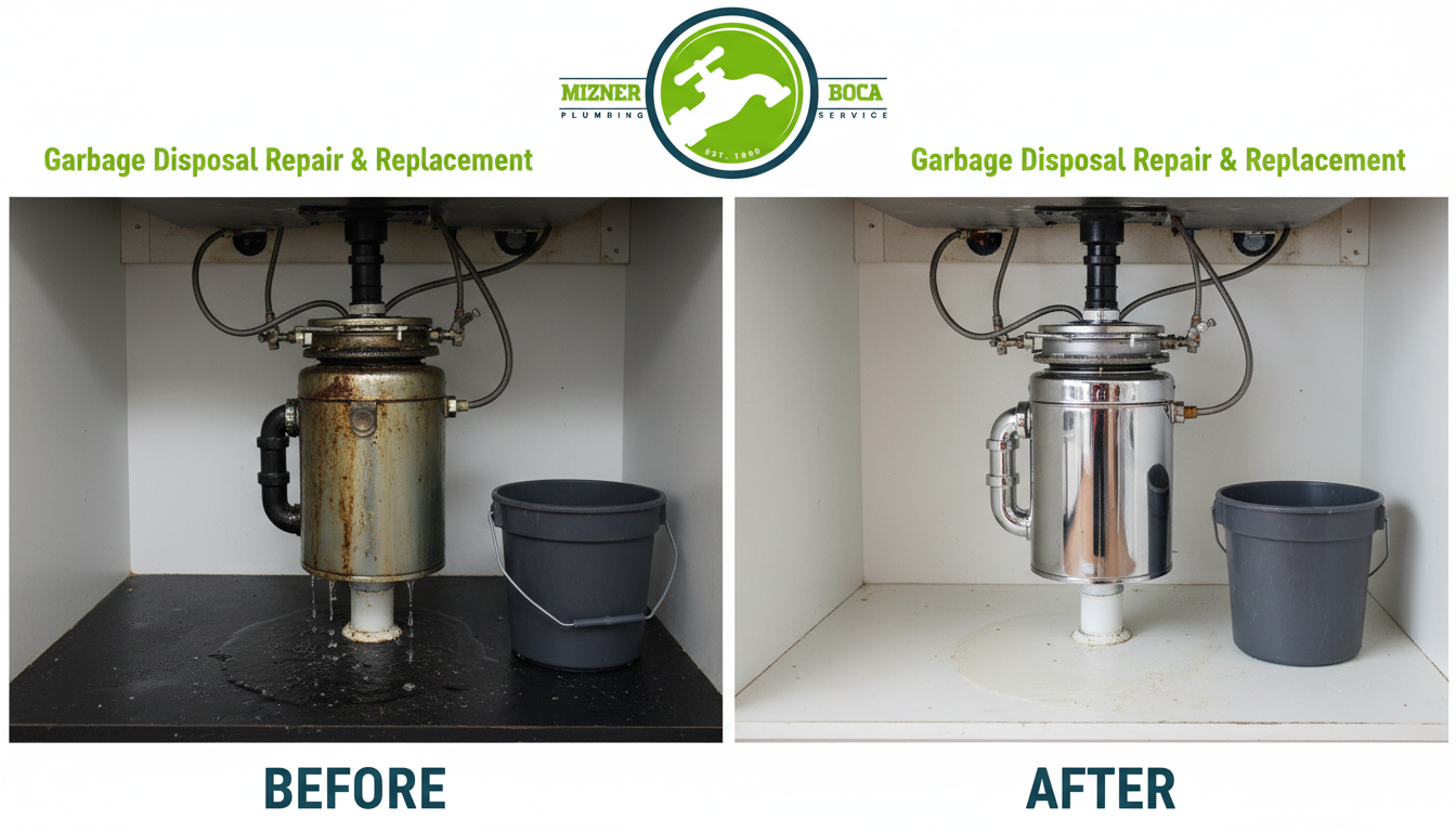 Before and After Garbage Disposal Repair and Replacement in Boca Raton FL by Mizner Boca Plumbing