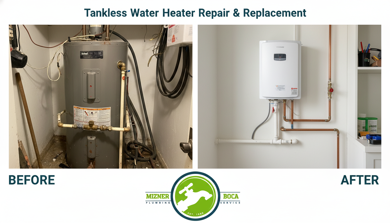 Before and After Tankless Water Heater Repair and Replacement in Boca Raton FL by Mizner Boca Plumbing