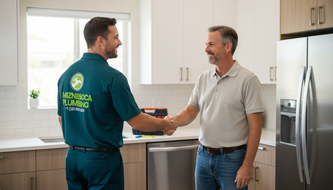Mizner Boca Plumbing technician shaking hands with satisfied Boca Raton customer after completed plumbing repair