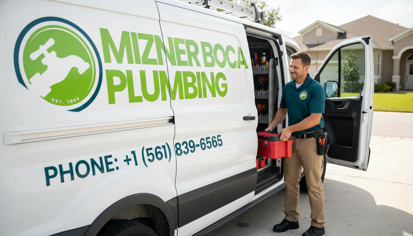 Mizner Boca Plumbing technician at fully stocked branded service van in Boca Raton FL